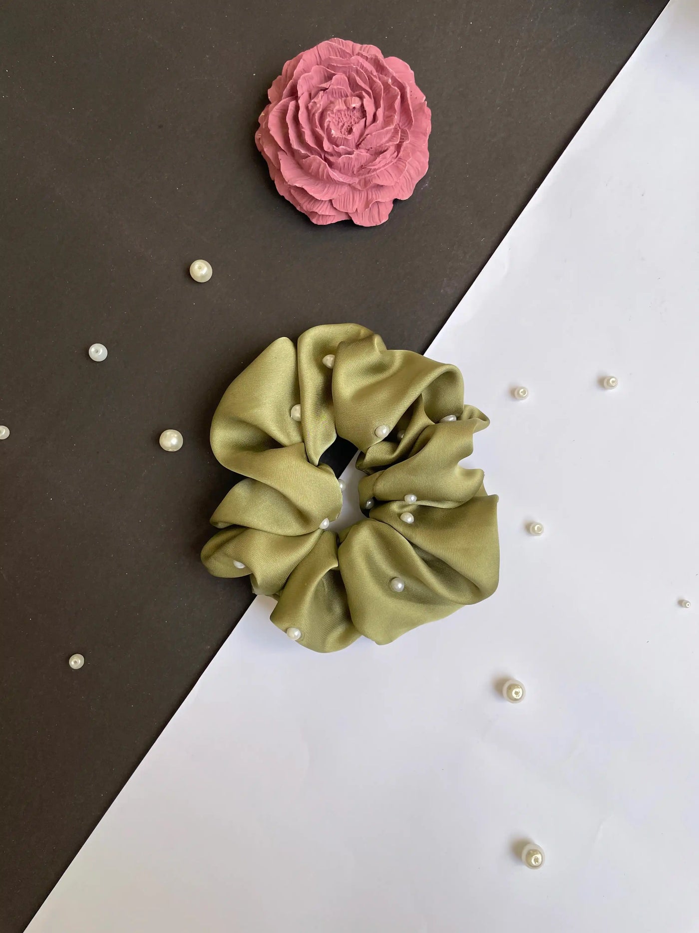 Olive Green Pearl Scrunchies